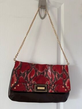 Milly Red Snake-Print Shoulder Bag with Gold Chain Strap